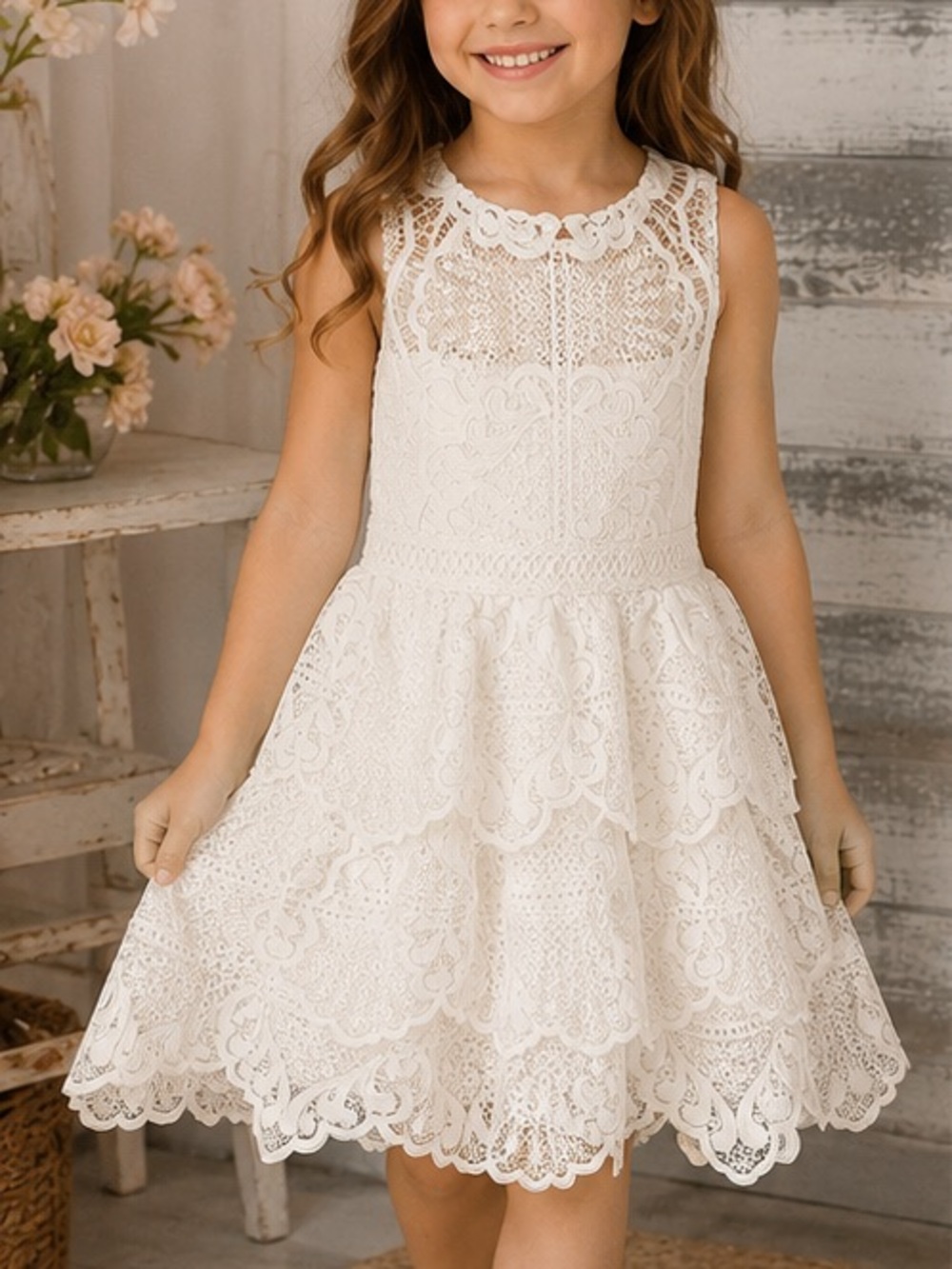 Rare Editions Ivory Lace Tiered Dress for Girls - Sleeveless Crochet Detail